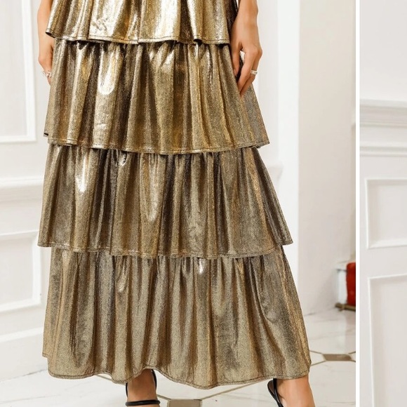 New Never Worn Tiered Layer Metallic Skirt and Black and Gold Contrast Panel Top - Picture 4 of 7